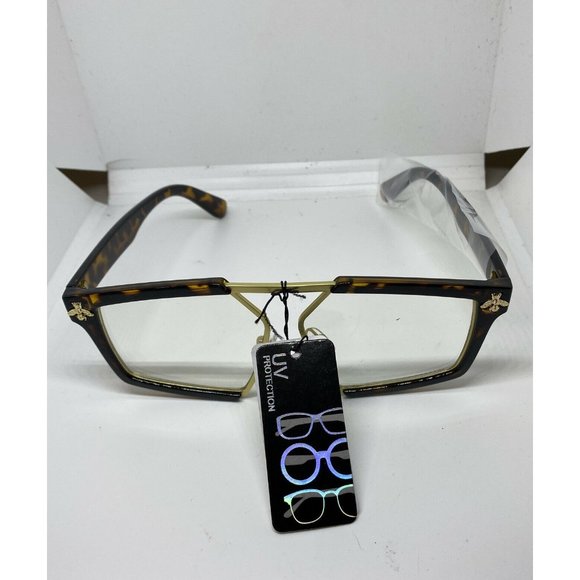 Retro Sunglasses Tortoise Brown and Gold Frame Clear Lens Gold Bumblebee Detail - Picture 2 of 6